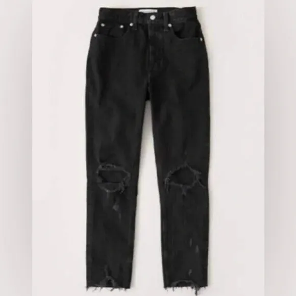 Abercrombie &amp; Fitch High Rise Distressed Mom Jeans in Black Size 28
