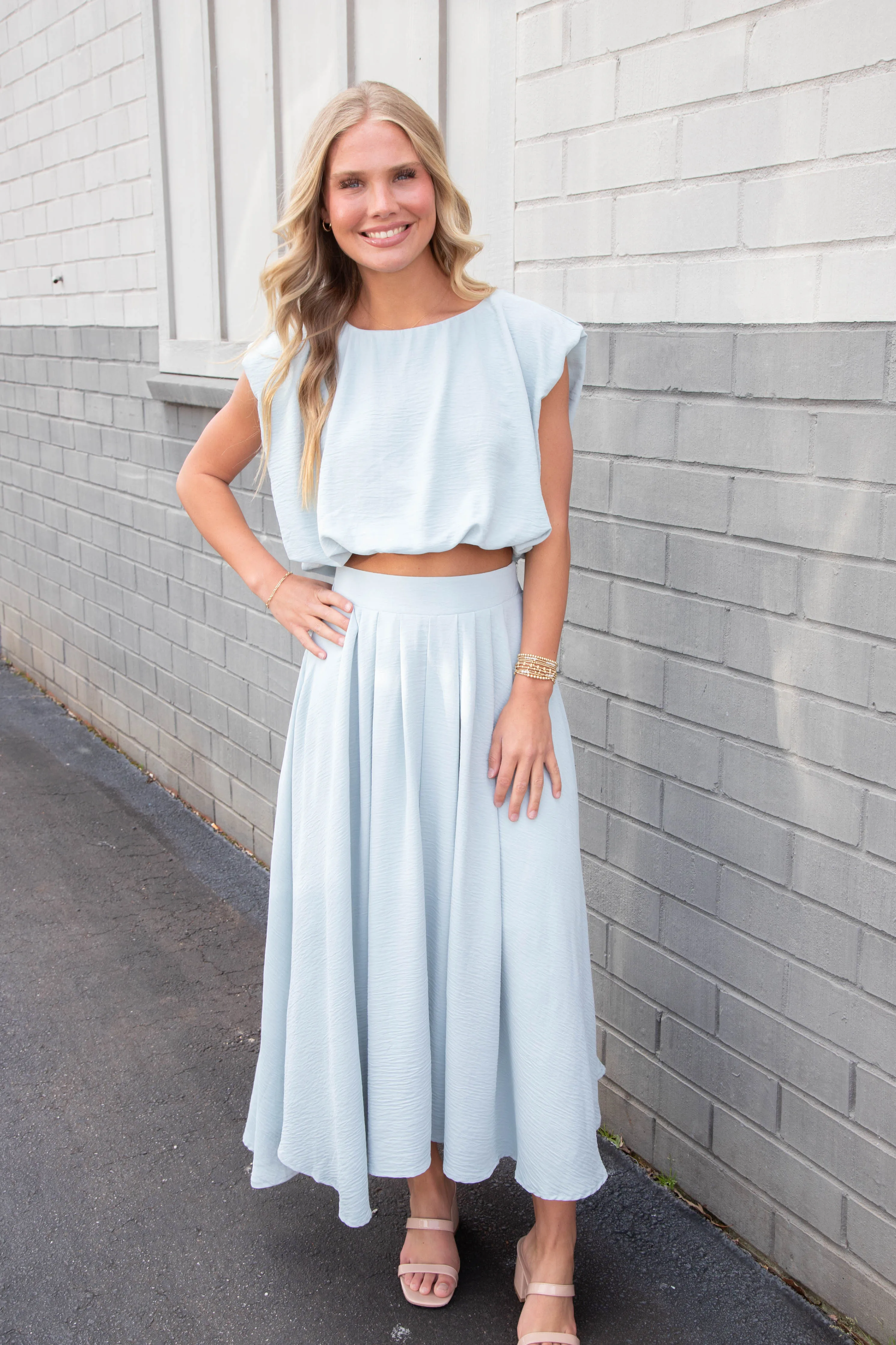 Abigail Box Pleated Midi Skirt, Light Blue