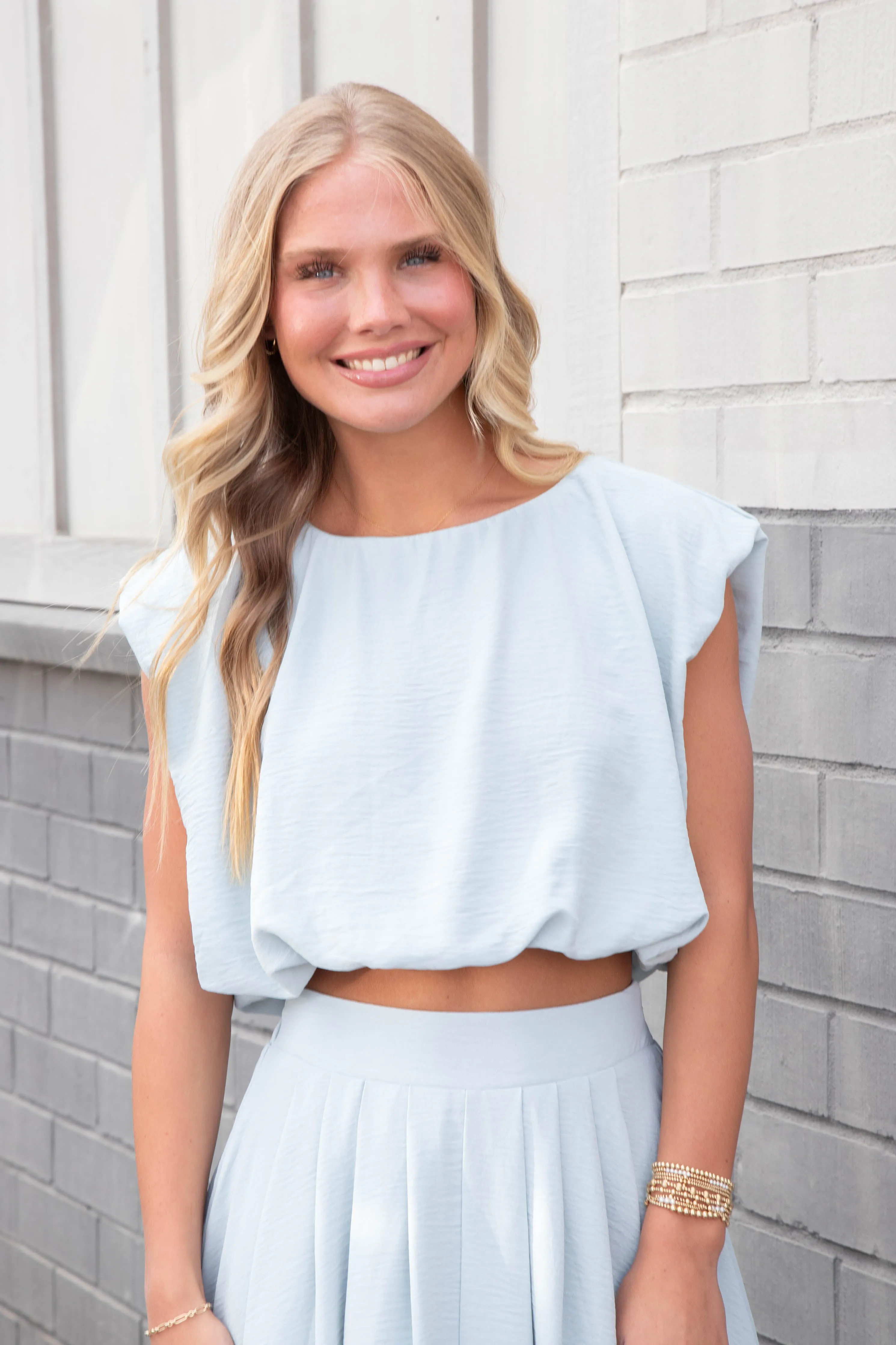 Abigail Box Pleated Midi Skirt, Light Blue
