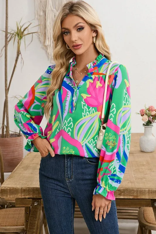 Abstract Ruffled Sleeve Buttoned V-neck Blouse