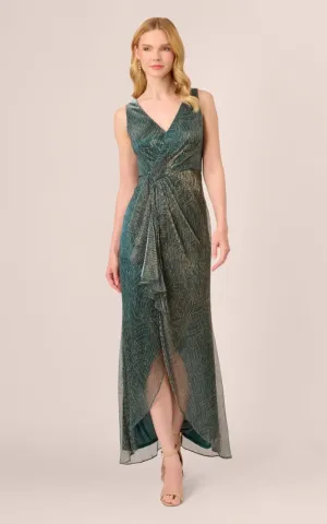Adrianna Papell- Metallic Mesh Cascade Gown in Evergreen