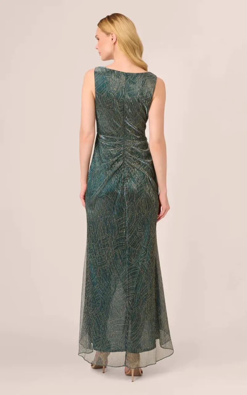 Adrianna Papell- Metallic Mesh Cascade Gown in Evergreen