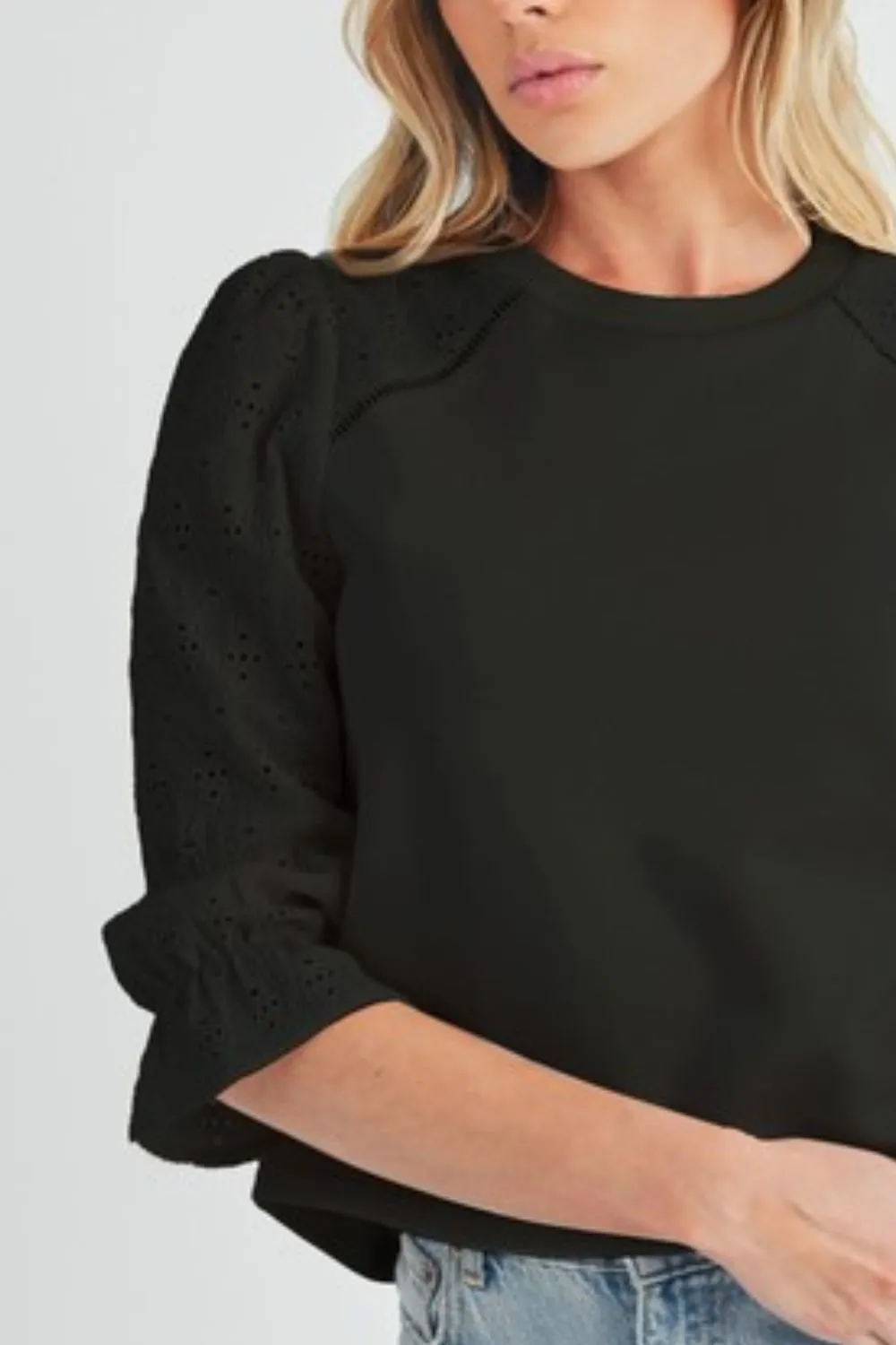 Aemi   Co Embroidered Eyelet Round Neck 3/4 Sleeve Blouse