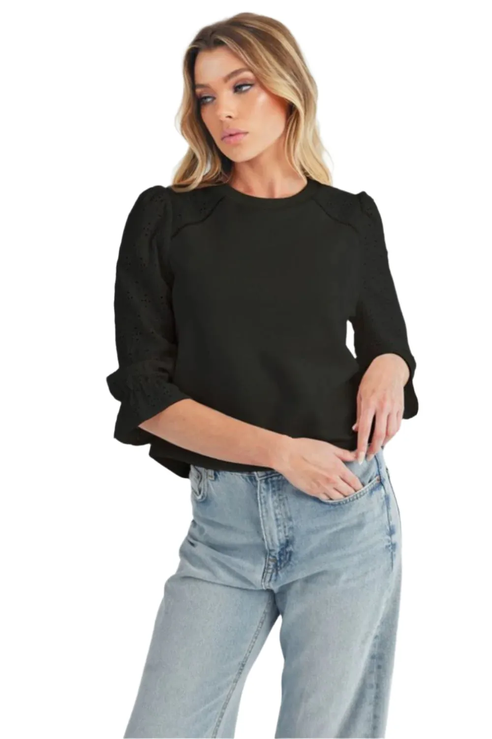 Aemi   Co Embroidered Eyelet Round Neck 3/4 Sleeve Blouse