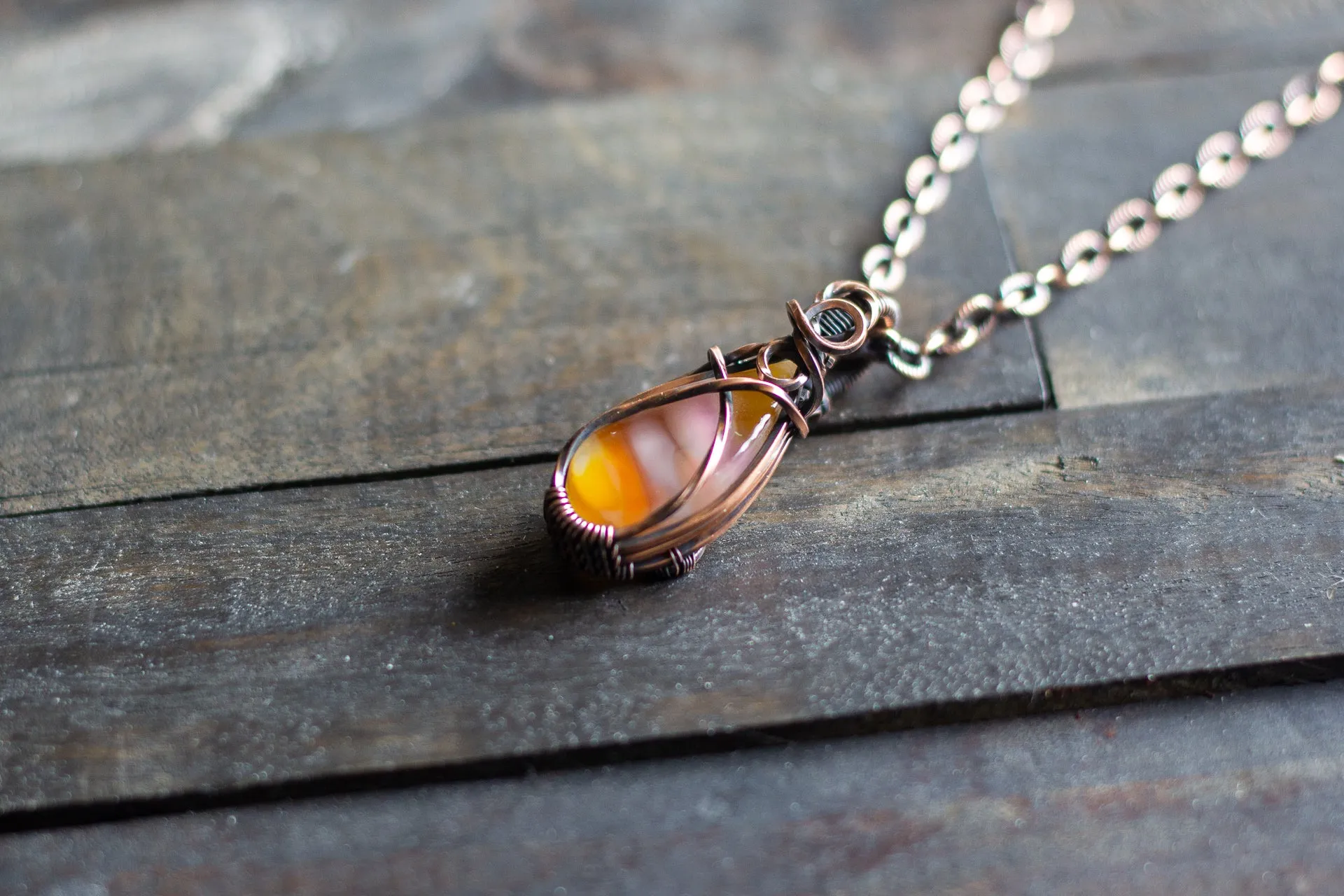 Amber Fused Glass Teardrop Pendant with Copper Wire Wrapping