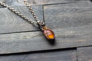 Amber Fused Glass Teardrop Pendant with Copper Wire Wrapping