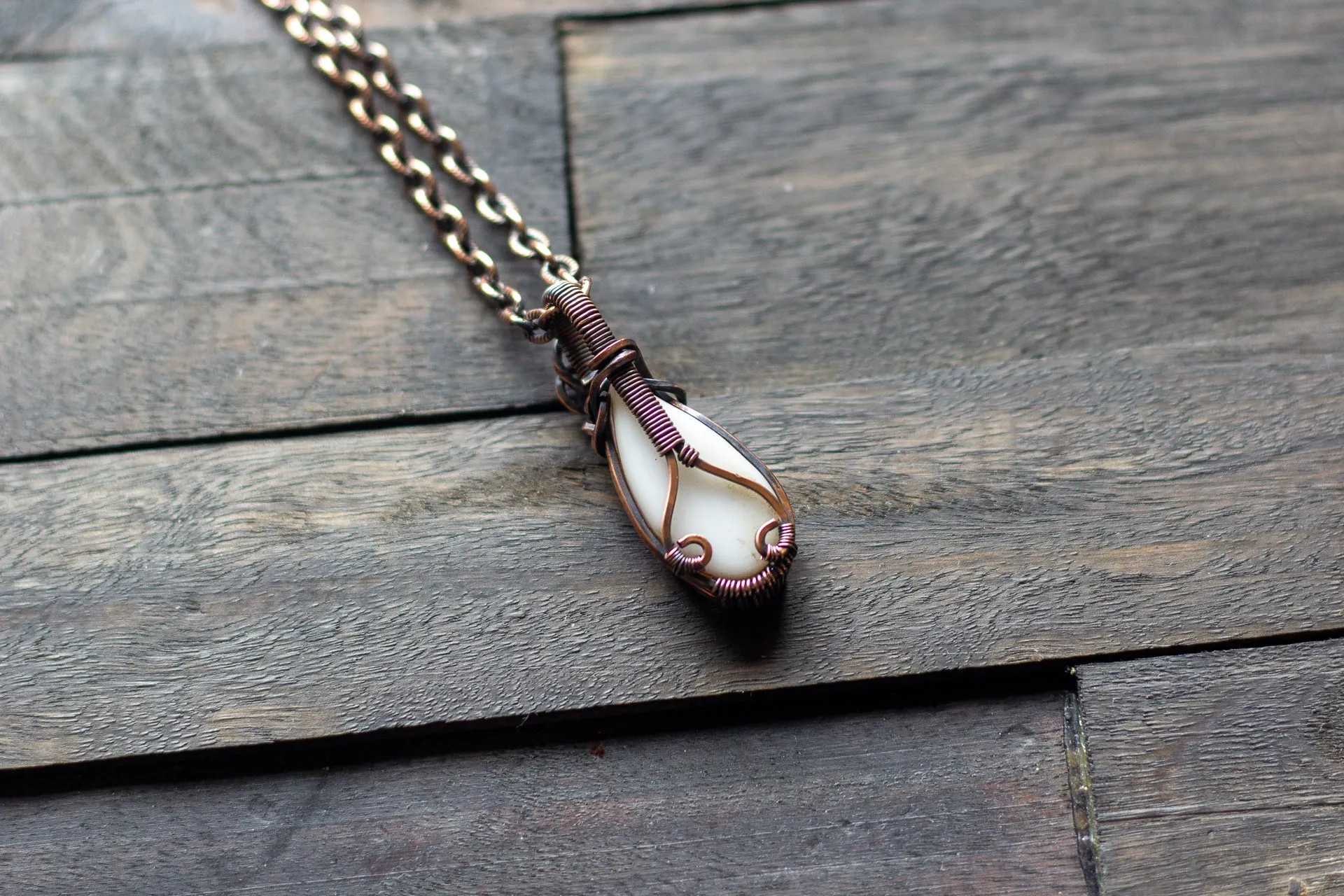 Amber Fused Glass Teardrop Pendant with Copper Wire Wrapping