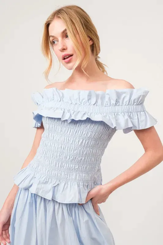 And The Why Ruffled All-Over Smocked Off Shoulder Top
