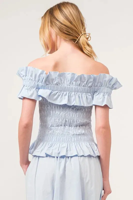 And The Why Ruffled All-Over Smocked Off Shoulder Top