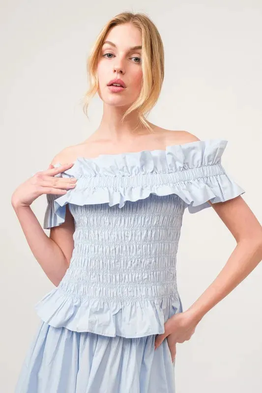 And The Why Ruffled All-Over Smocked Off Shoulder Top