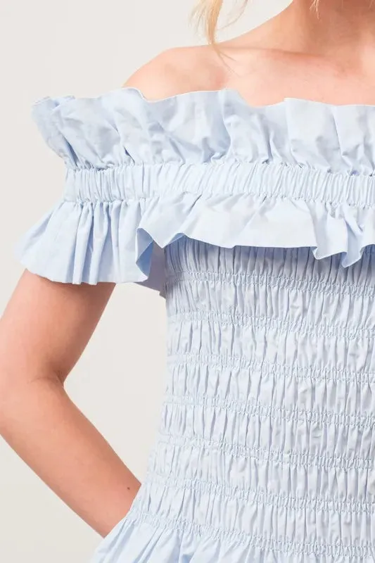 And The Why Ruffled All-Over Smocked Off Shoulder Top