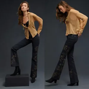 Anthropologie Pilcro The Icon Flare Jeans Studded in Black Brass Size 33 Tall