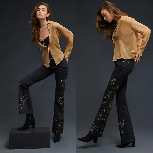 Anthropologie Pilcro The Icon Flare Jeans Studded in Black Brass Size 33 Tall