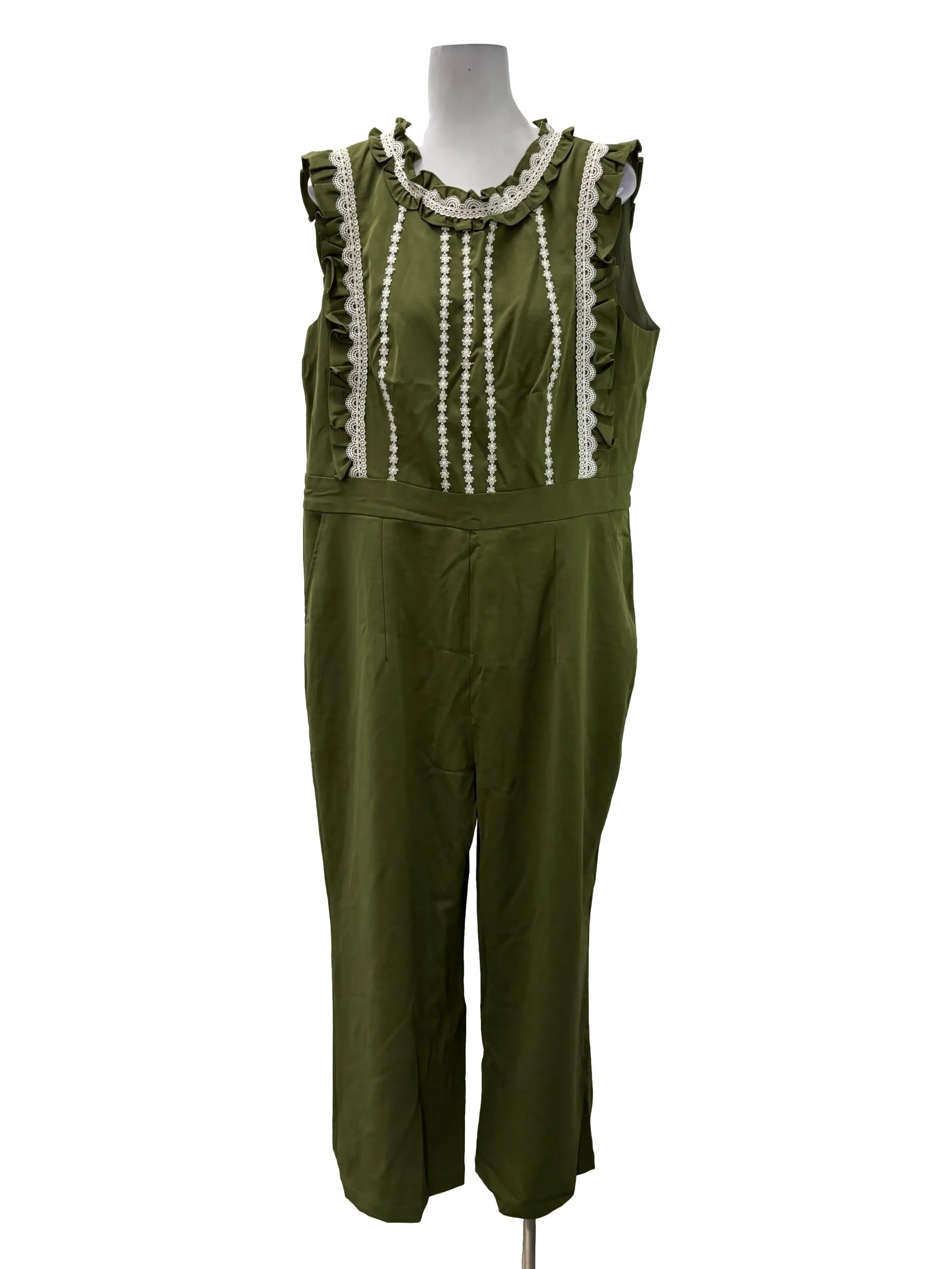 Army Green Roundneck Lace Trim Sleeveless Jumpsuit