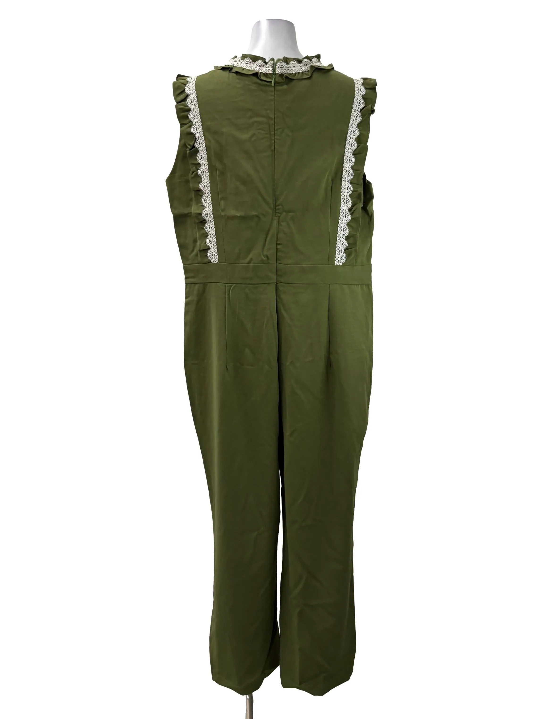 Army Green Roundneck Lace Trim Sleeveless Jumpsuit