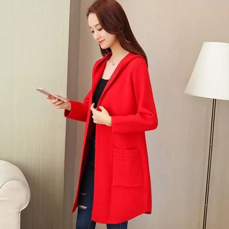 Autumn and Winter Hooded Knitted Jacket Temperament Loose Thick Coat Mid-length All-match Cardigan Female Jacket