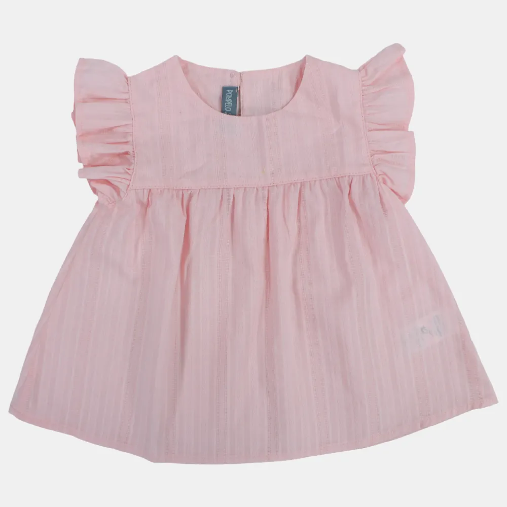 Baby Girls Cotton Blouse – Pink with Ruffled Shoulders