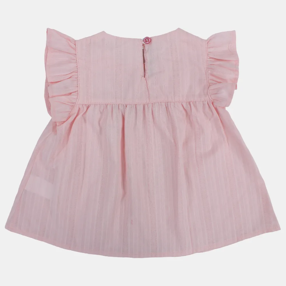 Baby Girls Cotton Blouse – Pink with Ruffled Shoulders
