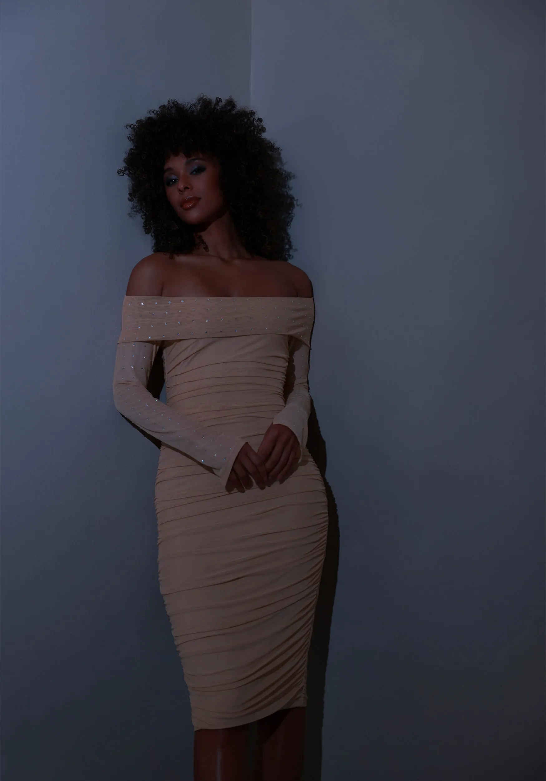 bebe Off Shoulder Mesh Midi Dress Embellished With Crystals by Swarovski