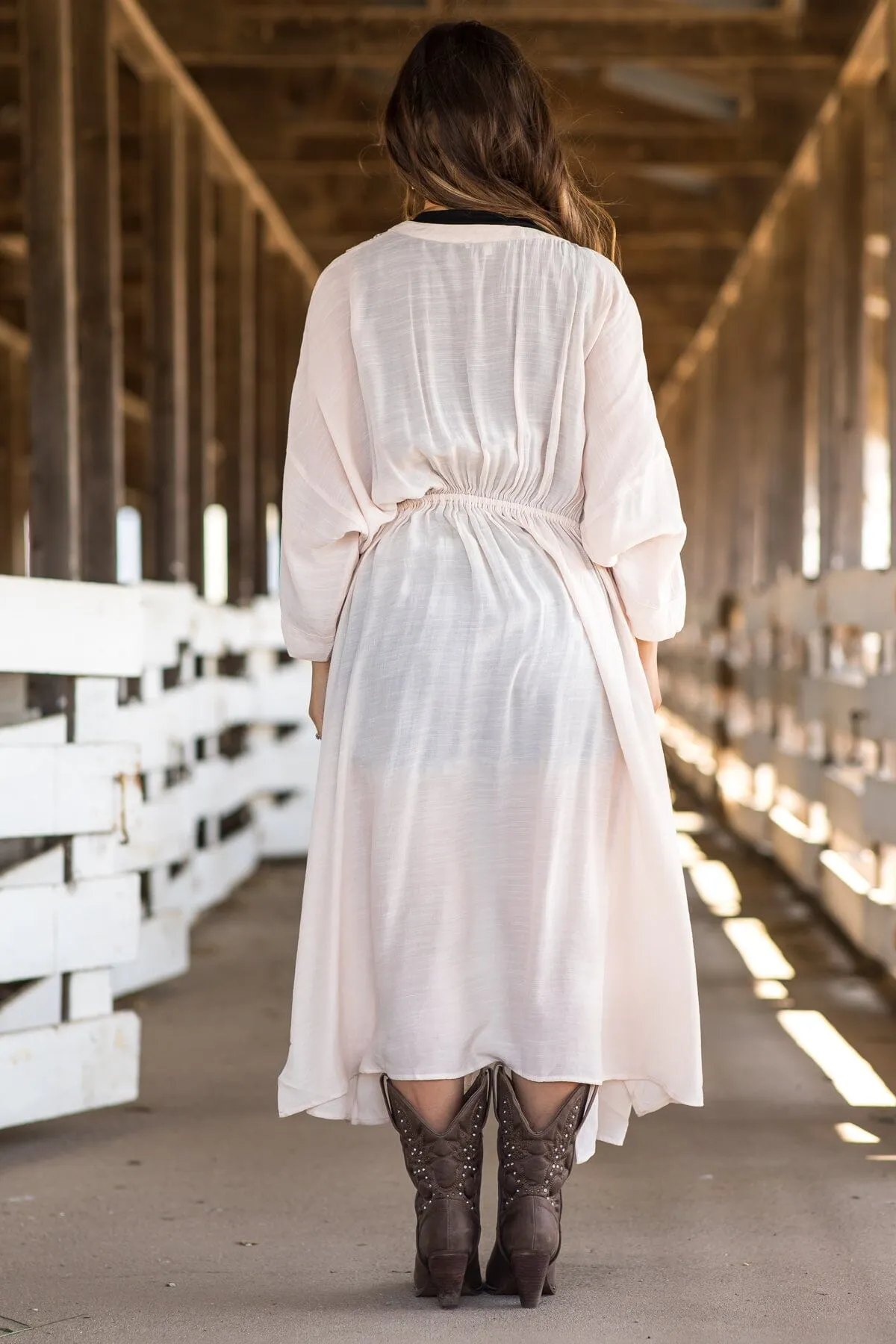 Beige Crochet Trim Duster Length Kimono