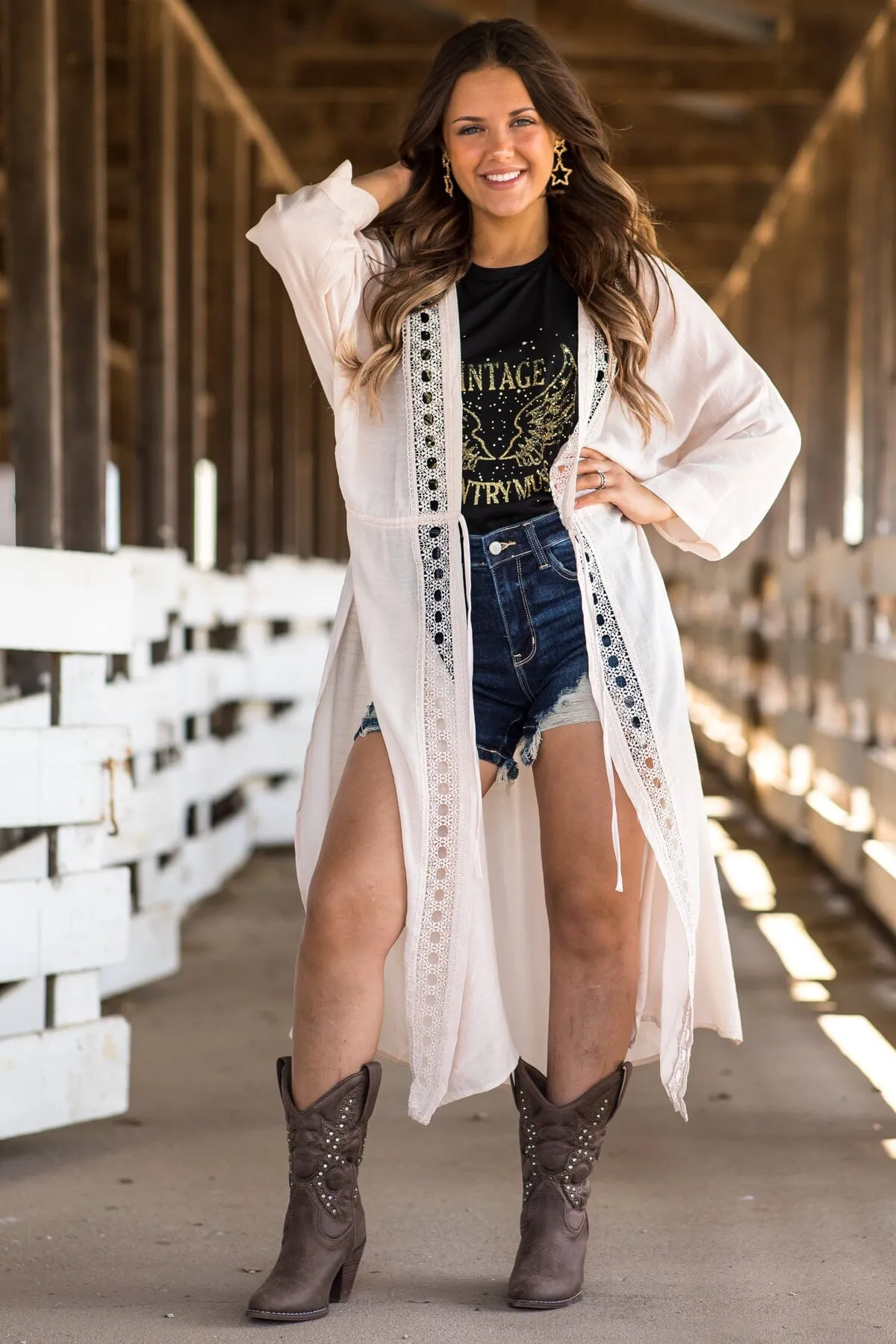 Beige Crochet Trim Duster Length Kimono