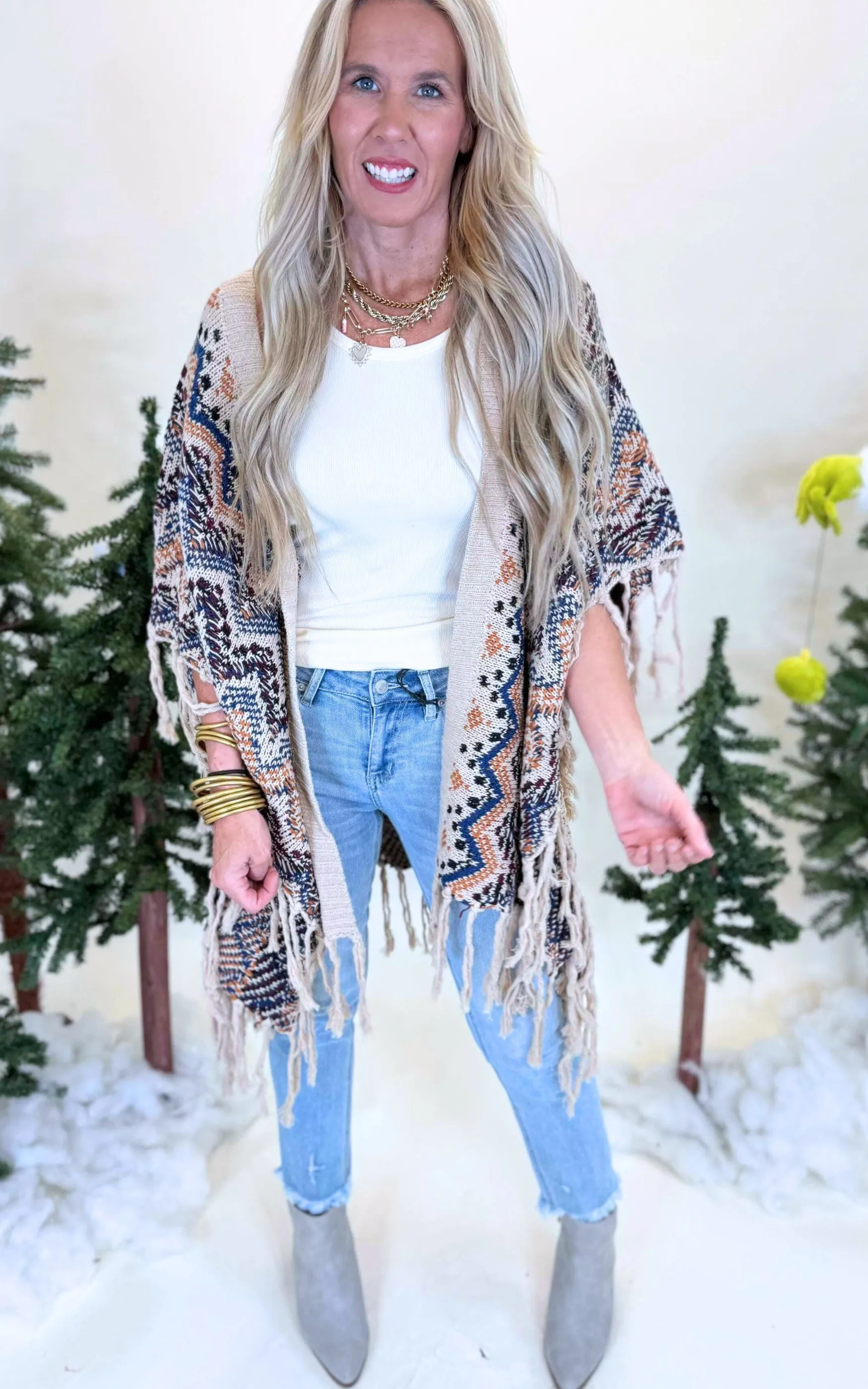Beige Wavy Knitted Kimono w/ Fringe** FINAL SALE