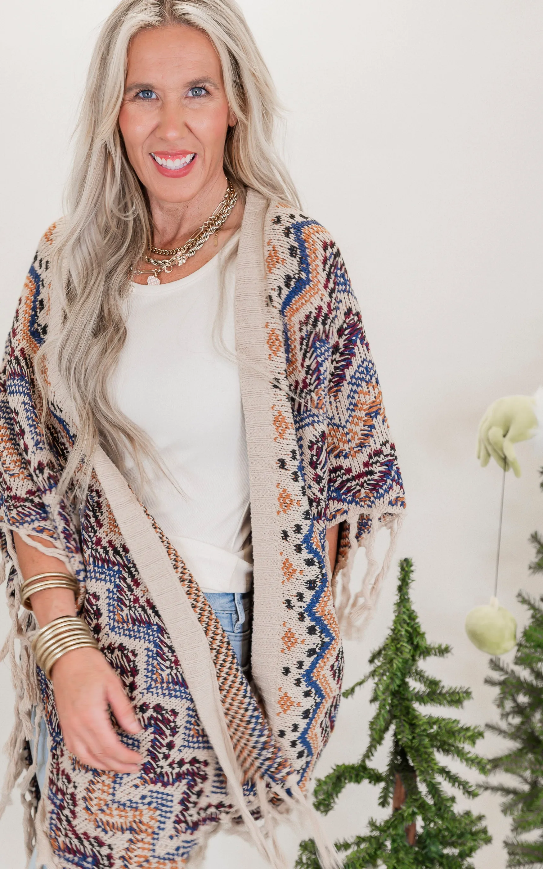 Beige Wavy Knitted Kimono w/ Fringe** FINAL SALE