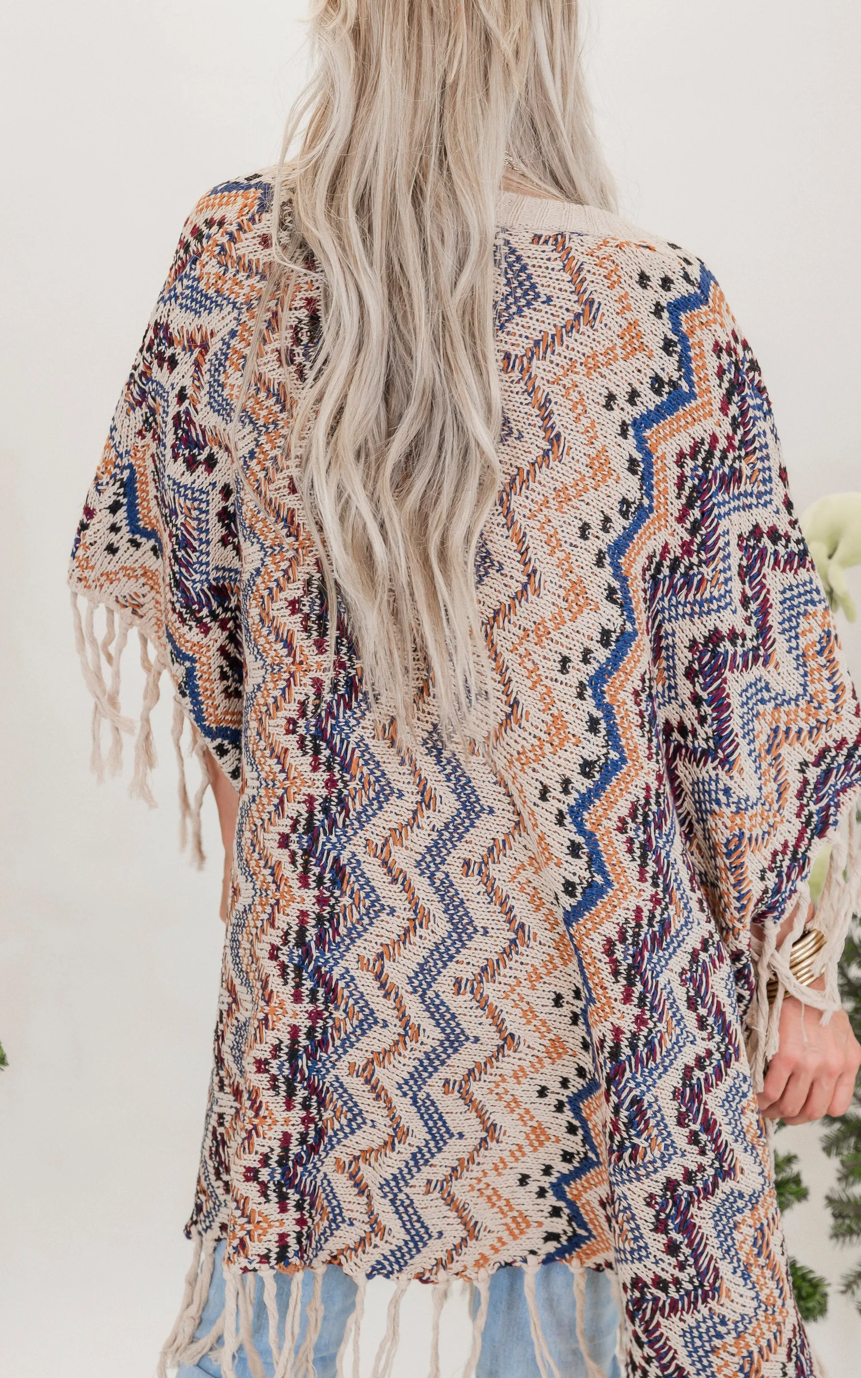 Beige Wavy Knitted Kimono w/ Fringe** FINAL SALE