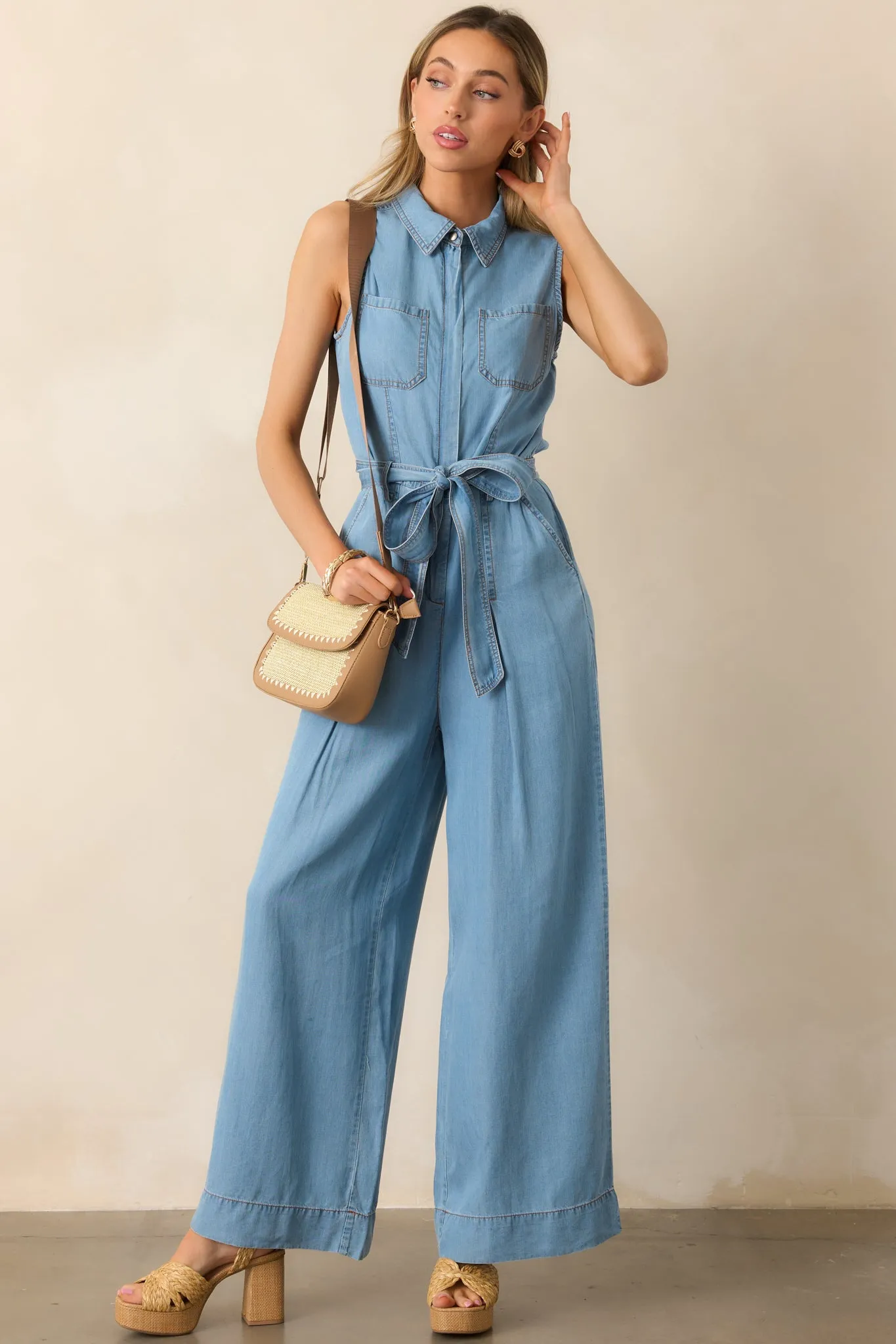 Best Foot Forward Blue Chambray Sleeveless Jumpsuit