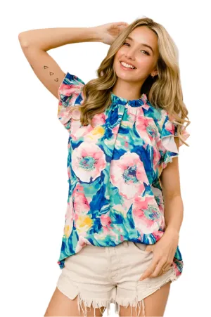 BiBi Floral Round Neck Ruffled Cap Sleeve Blouse