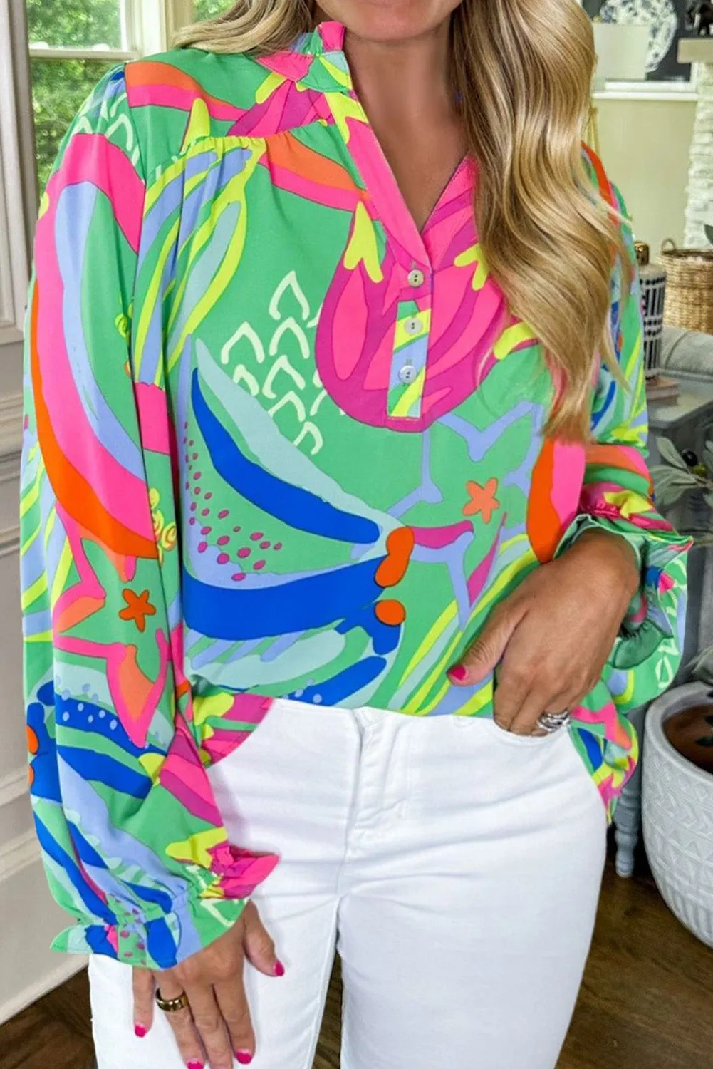 Black Abstract Print Ruffled Sleeve Buttoned V Neck Blouse