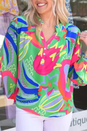 Black Abstract Print Ruffled Sleeve Buttoned V Neck Blouse