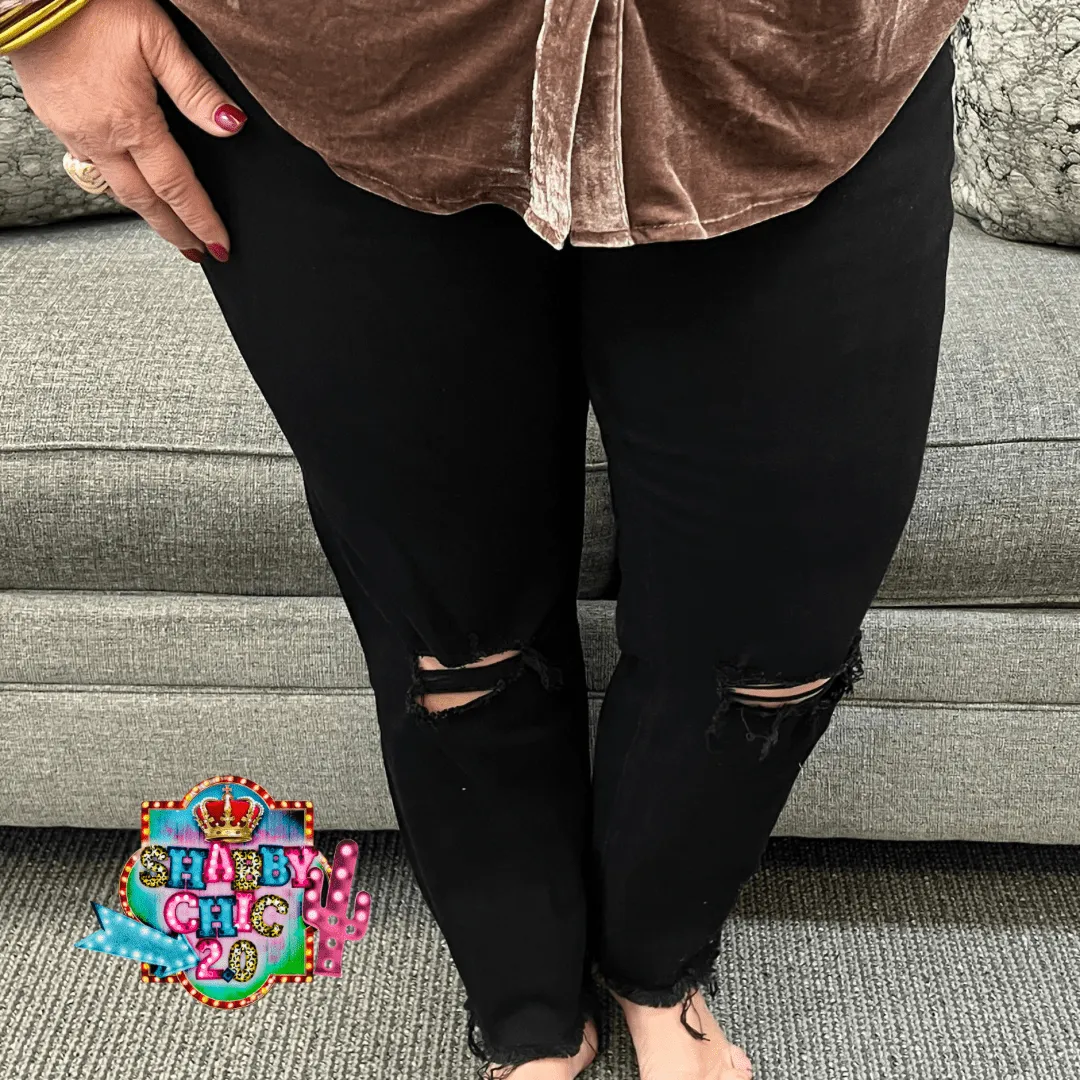 Black High Rise Straight With Raw Hem Jeans