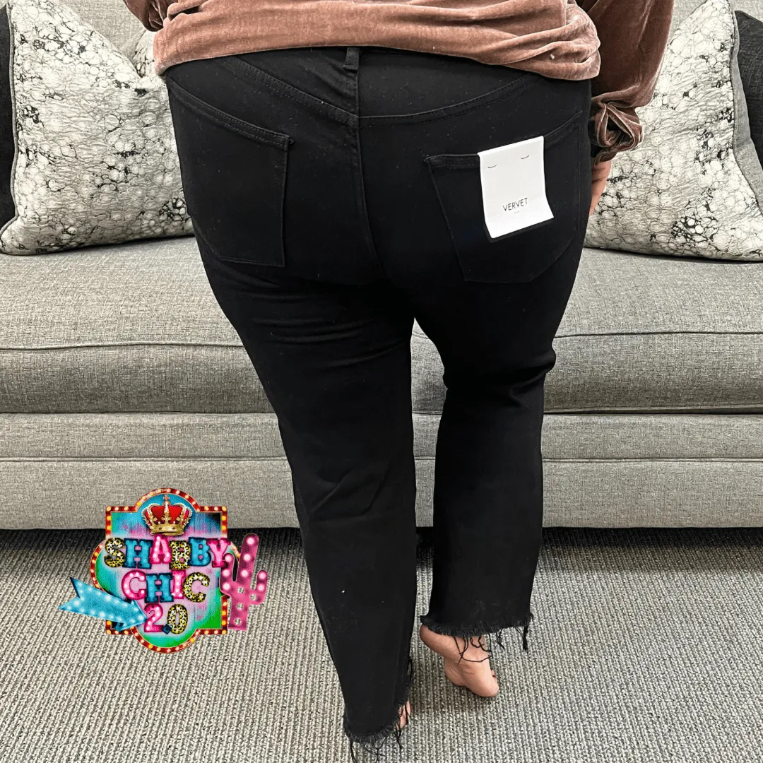 Black High Rise Straight With Raw Hem Jeans
