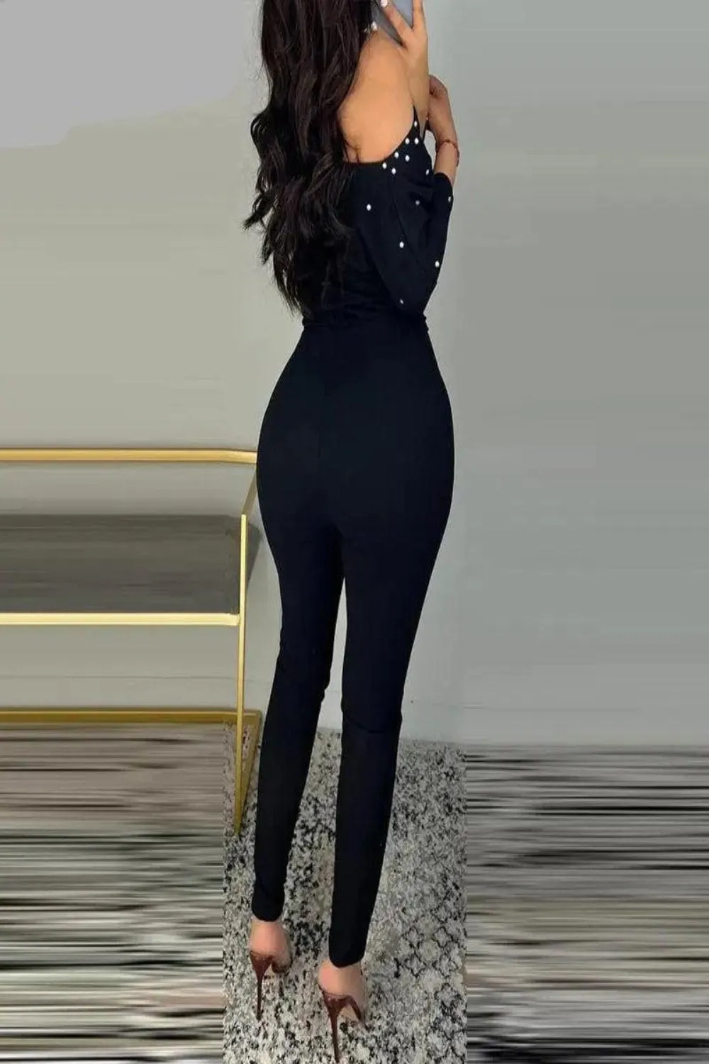 Black Off Shoulder Beaded Long Sleeve Jumpsuit with Belt