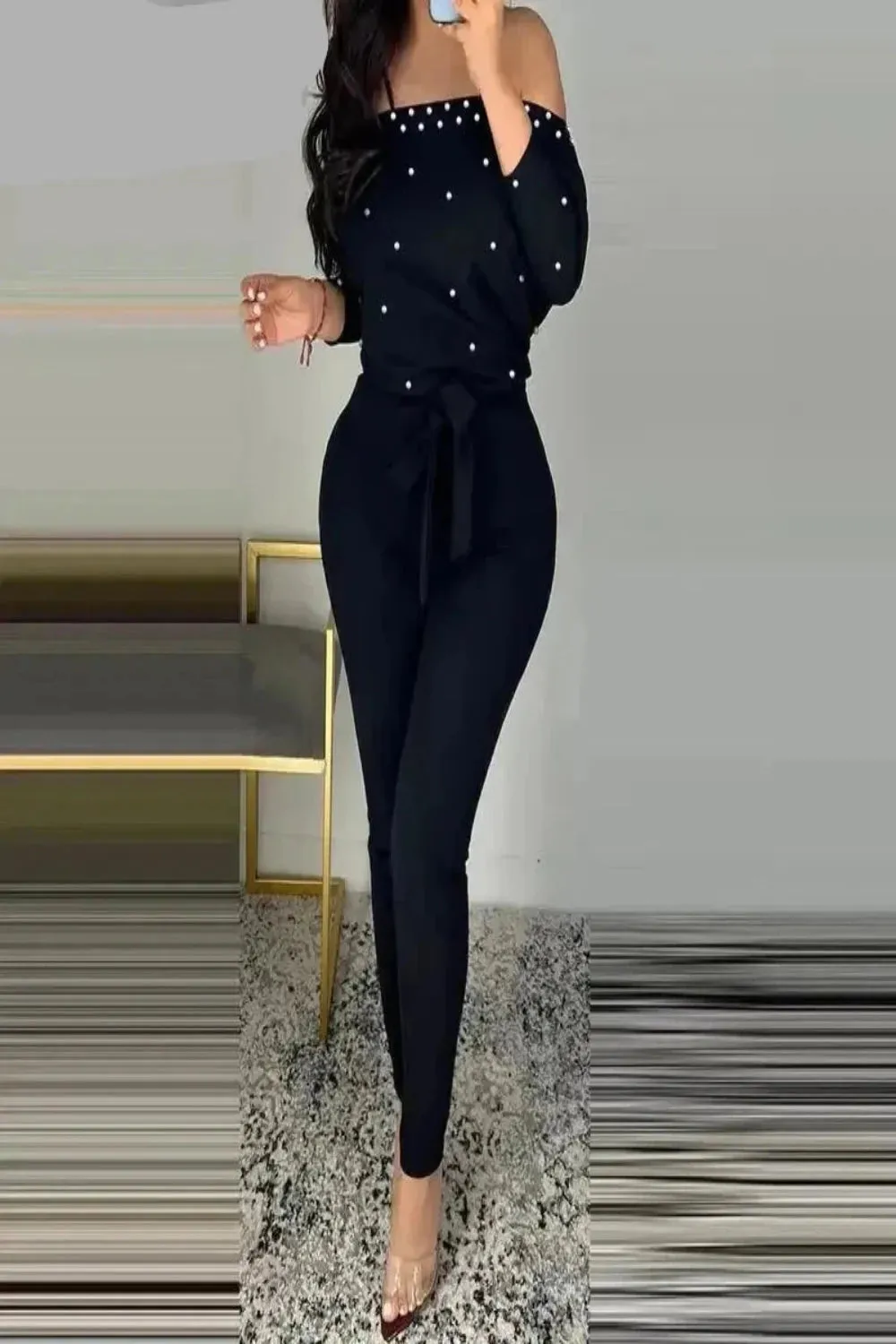 Black Off Shoulder Beaded Long Sleeve Jumpsuit with Belt