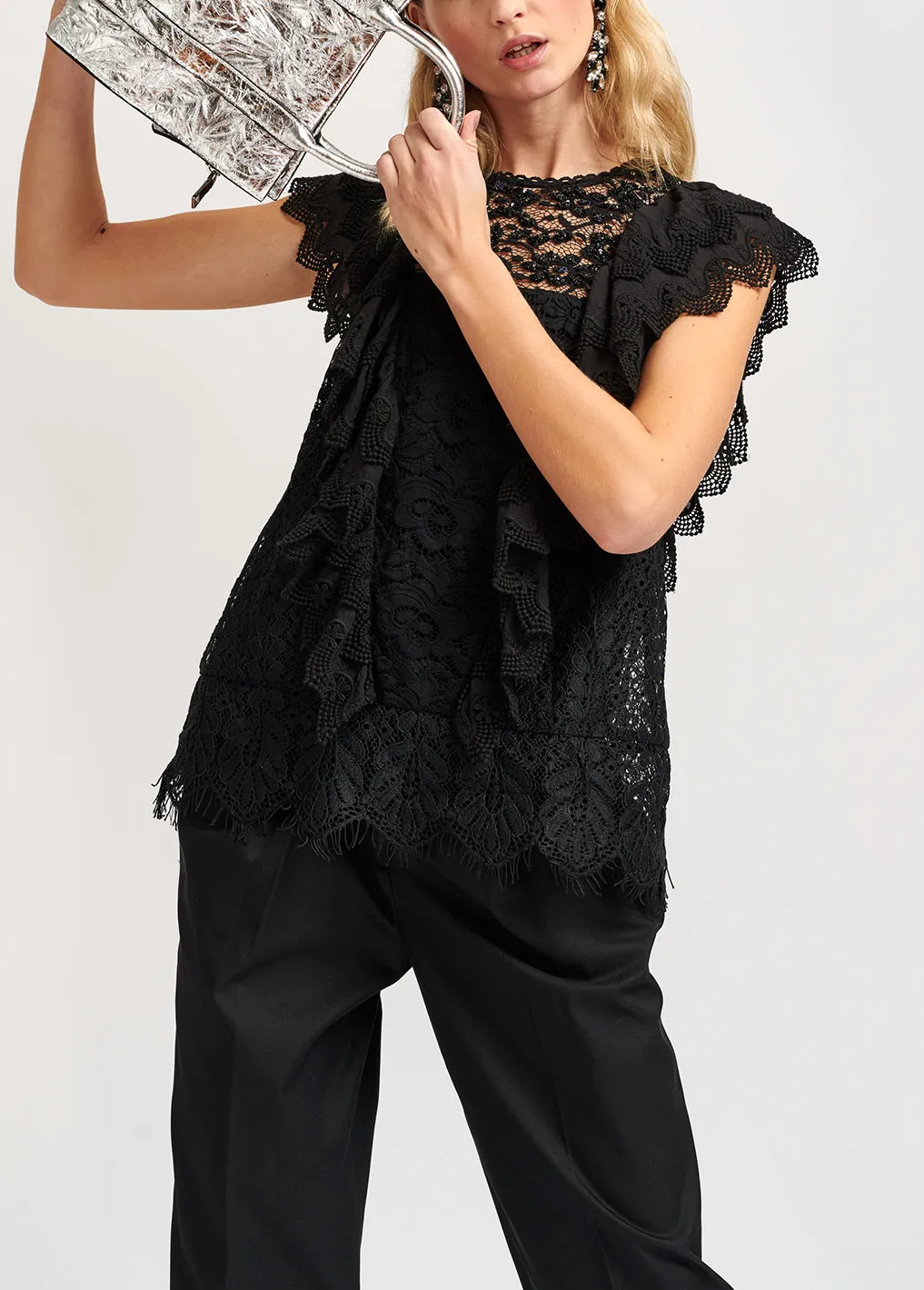 Black ruffled lace top with sequins
