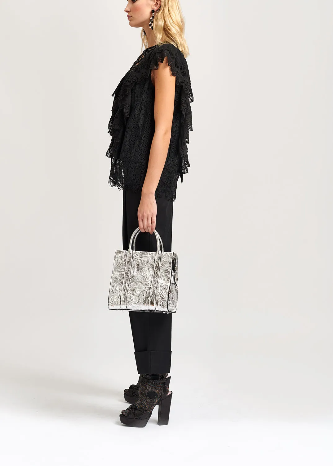 Black ruffled lace top with sequins
