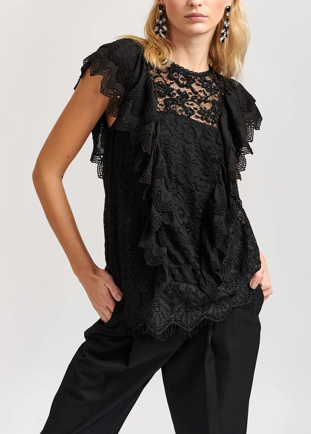 Black ruffled lace top with sequins