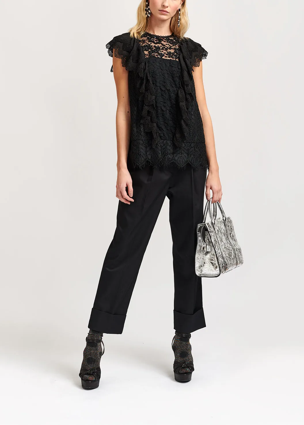 Black ruffled lace top with sequins