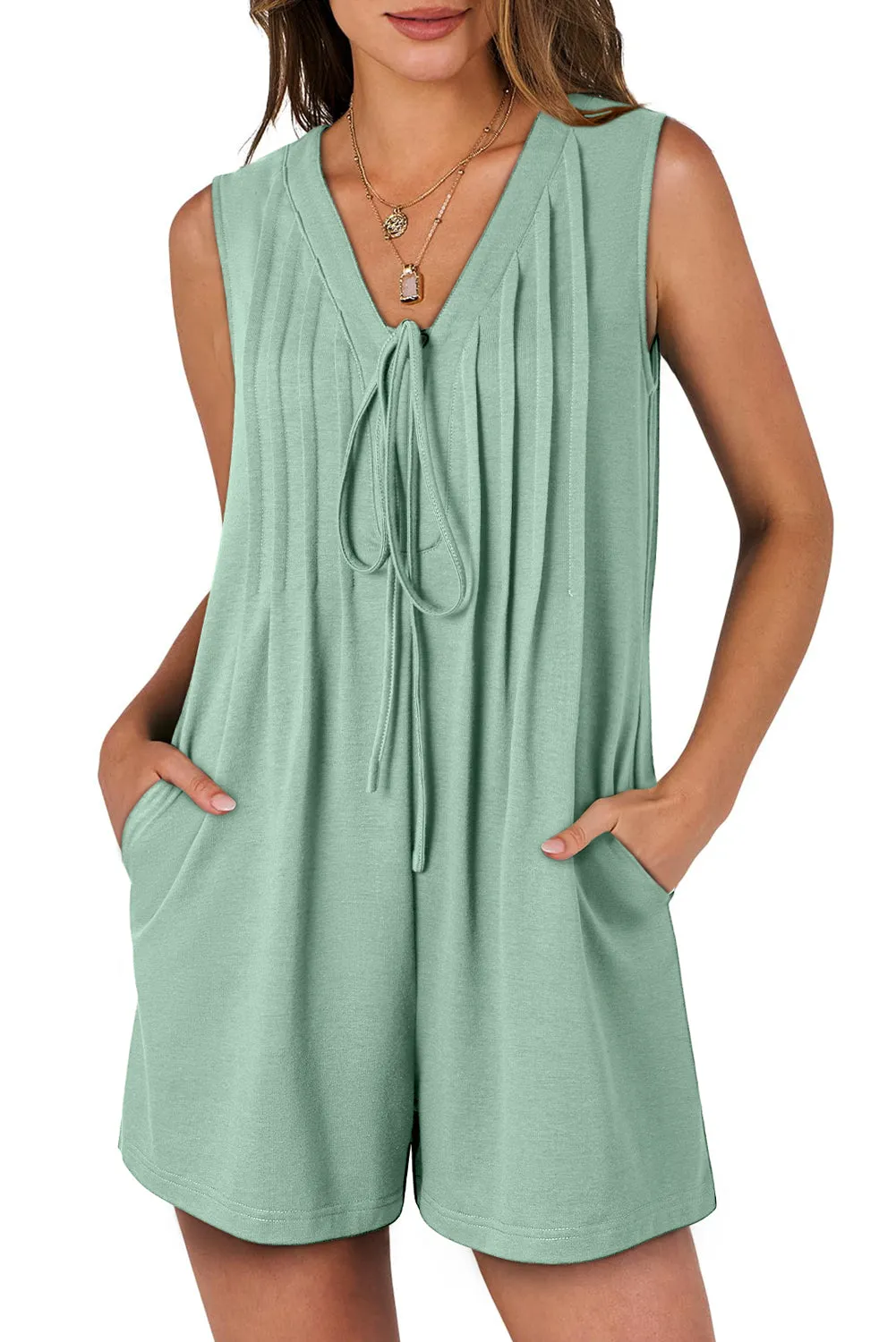 Black white Tie V Neck Pintuck Sleeveless Loose Romper