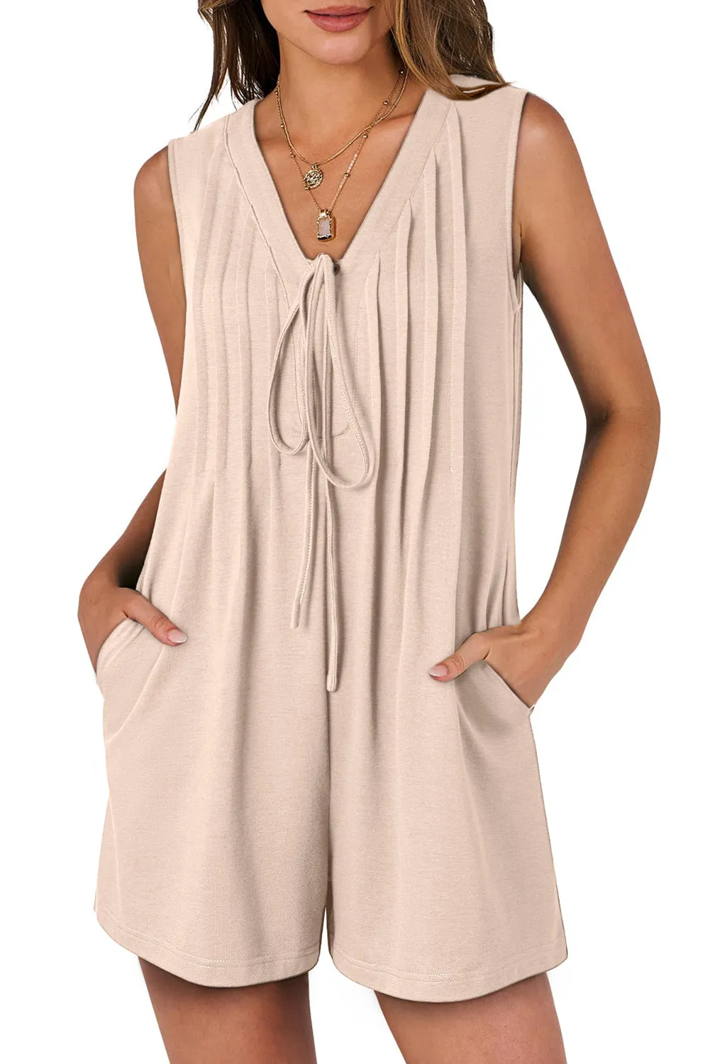 Black white Tie V Neck Pintuck Sleeveless Loose Romper