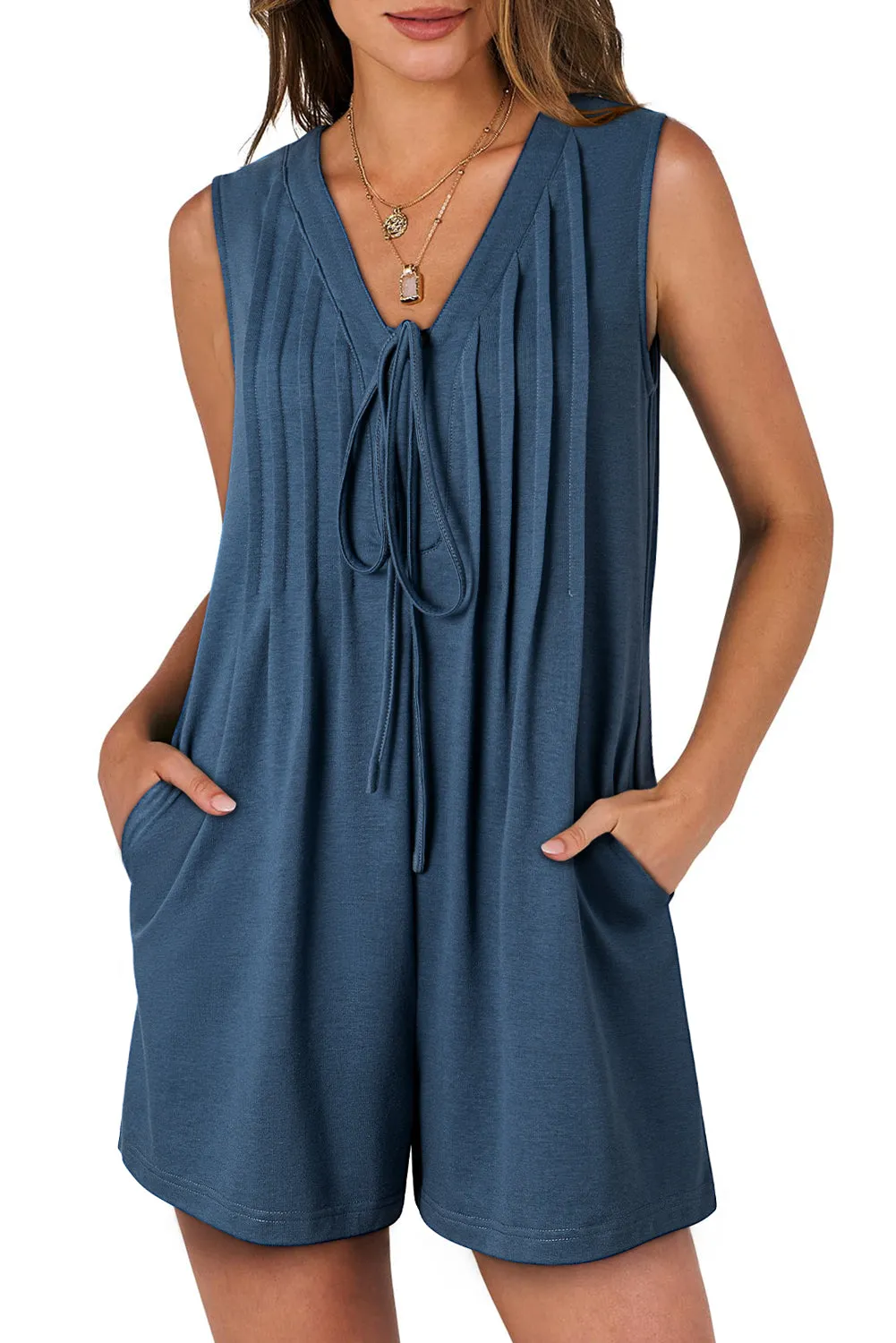Black white Tie V Neck Pintuck Sleeveless Loose Romper