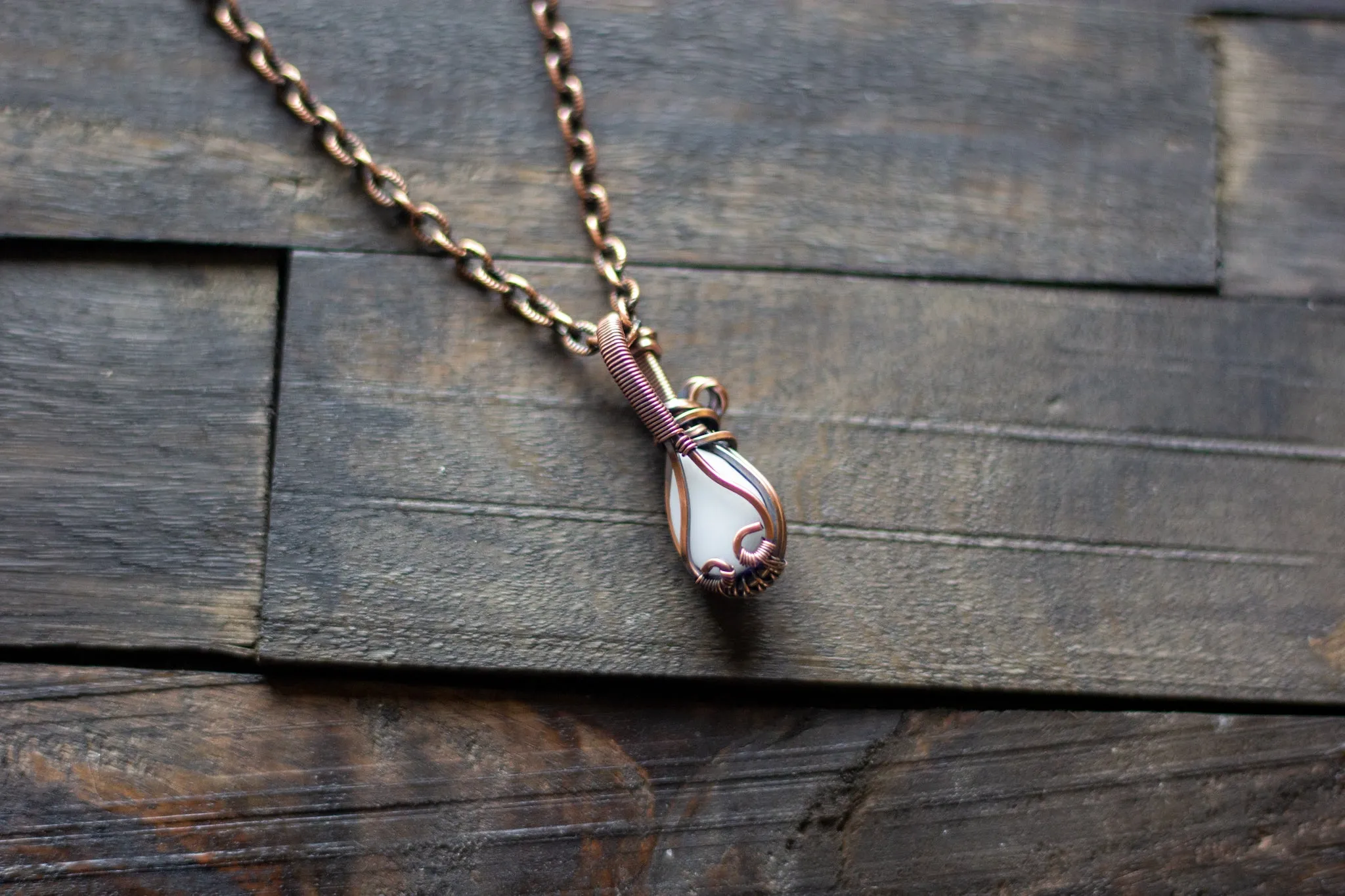 Blue and Lavender Fused Glass Teardrop Pendant with Copper Wire Wrapping