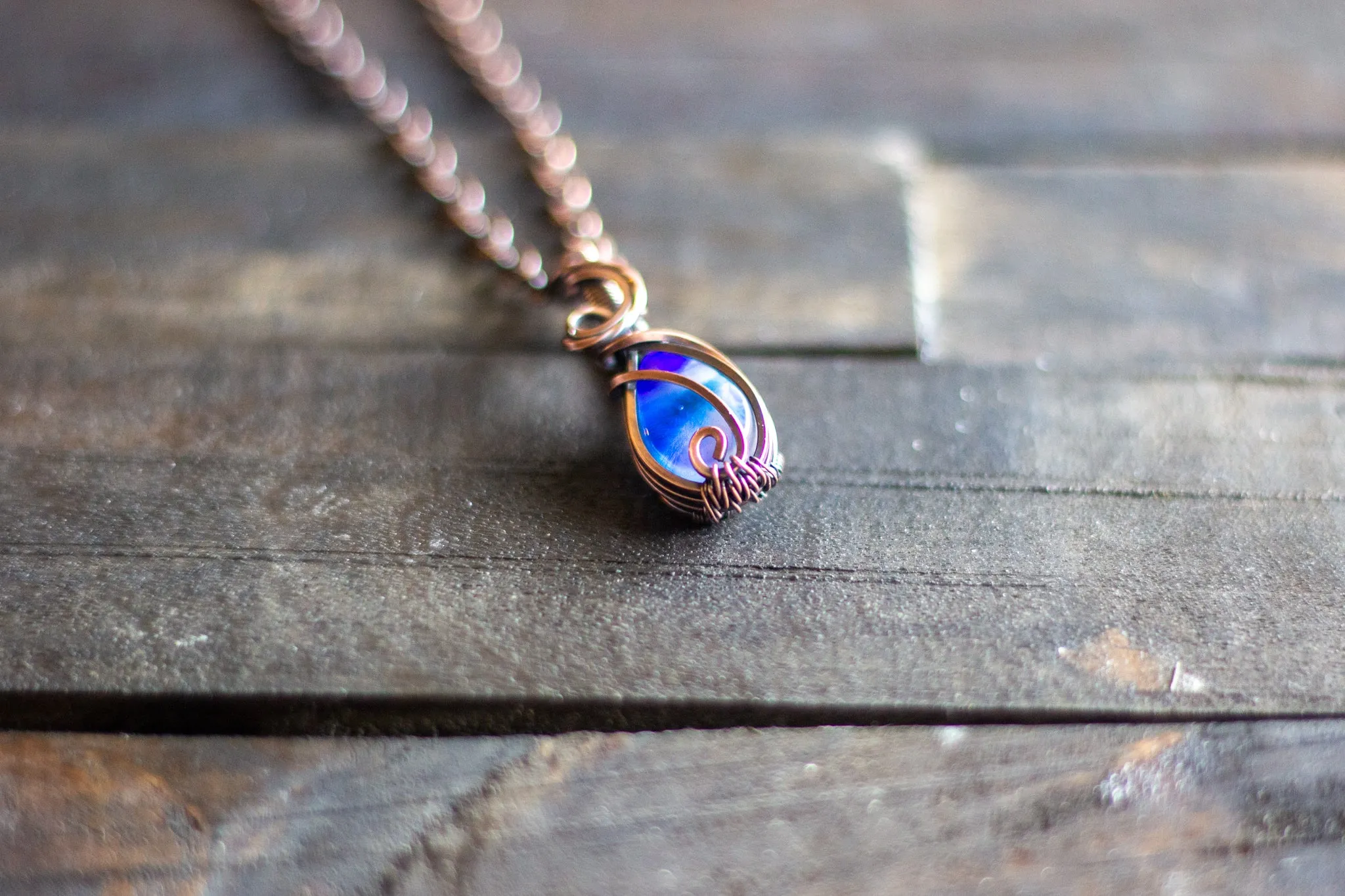 Blue and Lavender Fused Glass Teardrop Pendant with Copper Wire Wrapping