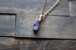 Blue and Lavender Fused Glass Teardrop Pendant with Copper Wire Wrapping
