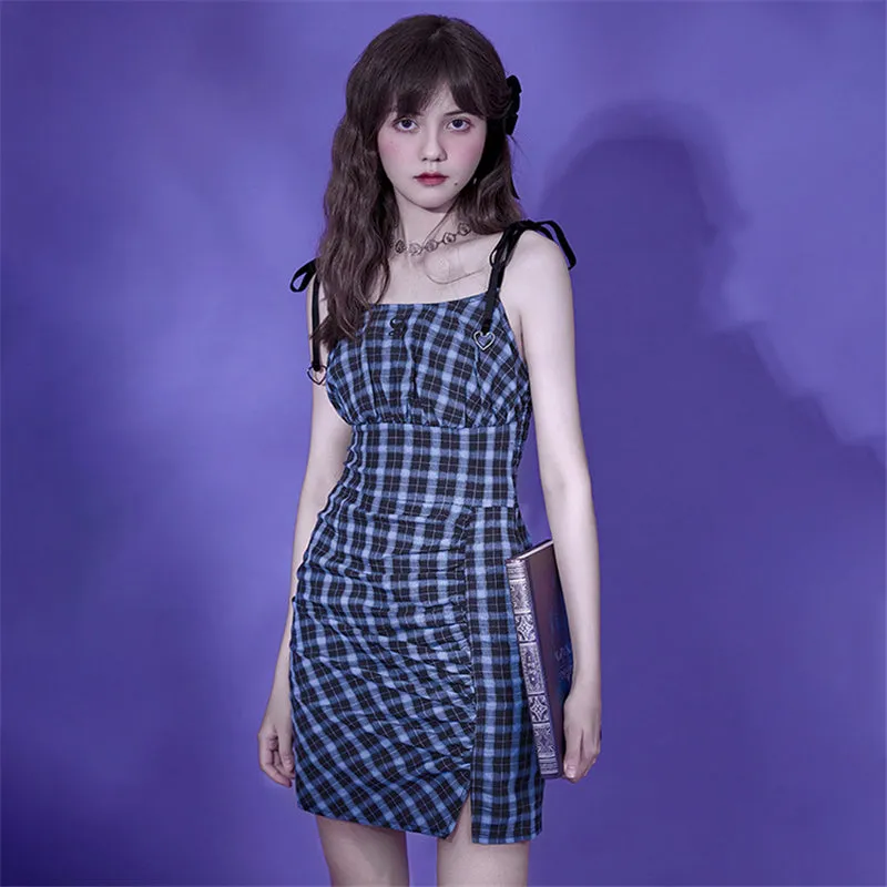 BLUE BLACK CHECK PLAID PLEATED SLIP DRESS UB2737