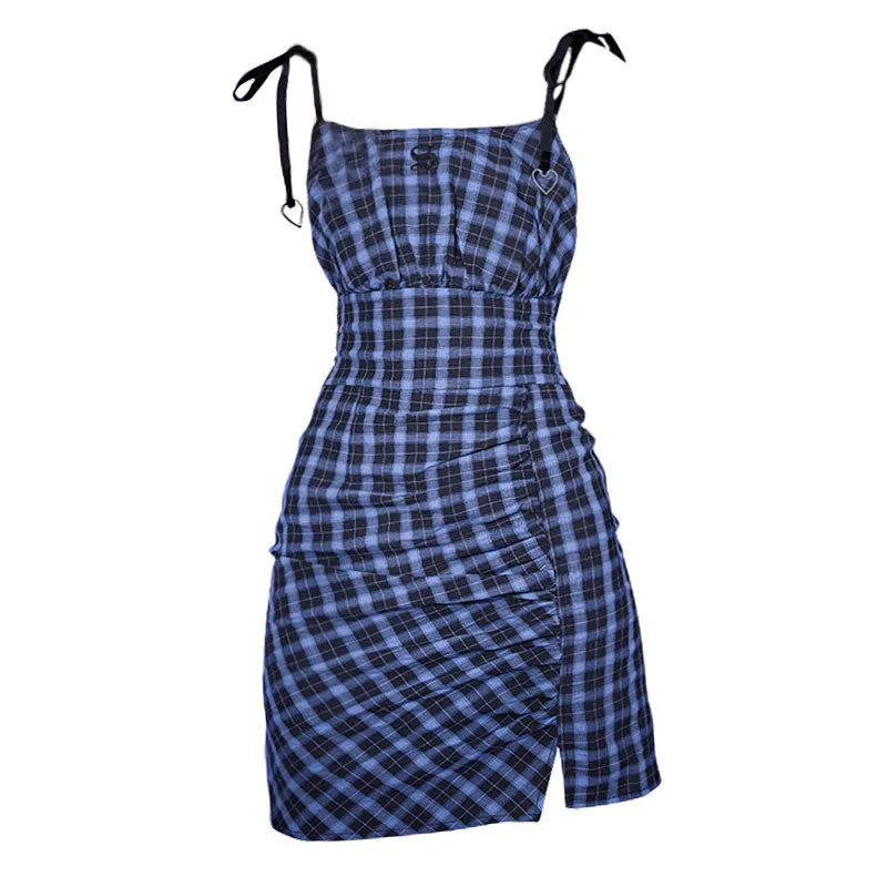 BLUE BLACK CHECK PLAID PLEATED SLIP DRESS UB2737