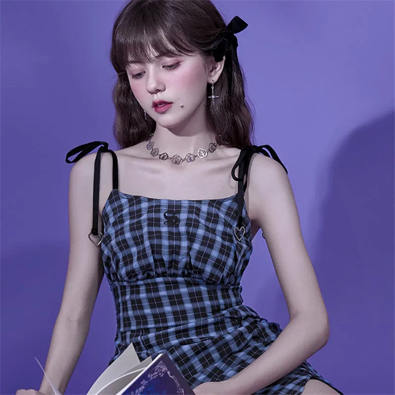 BLUE BLACK CHECK PLAID PLEATED SLIP DRESS UB2737