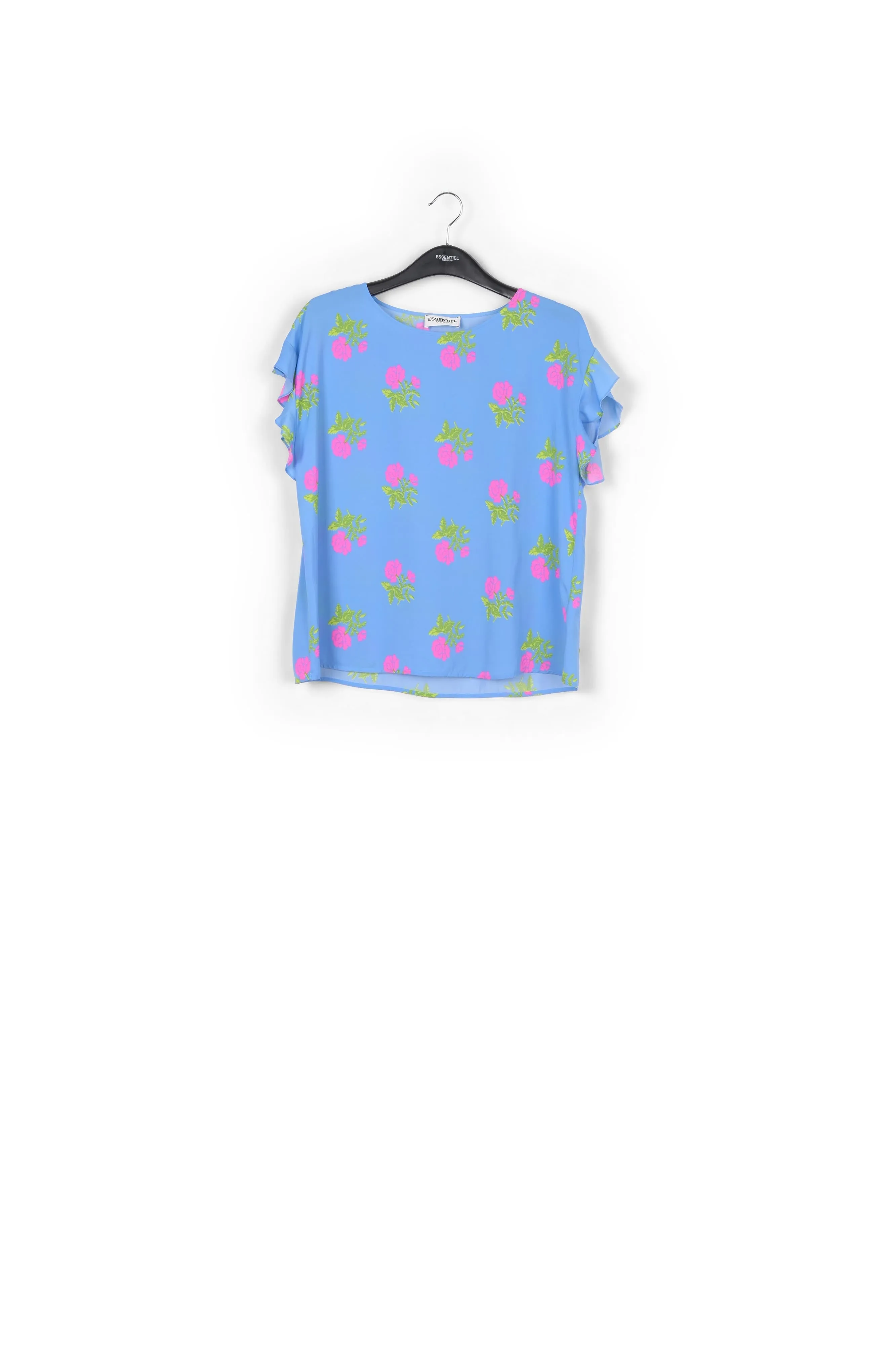 Blue flower print top with ruffled sleeves